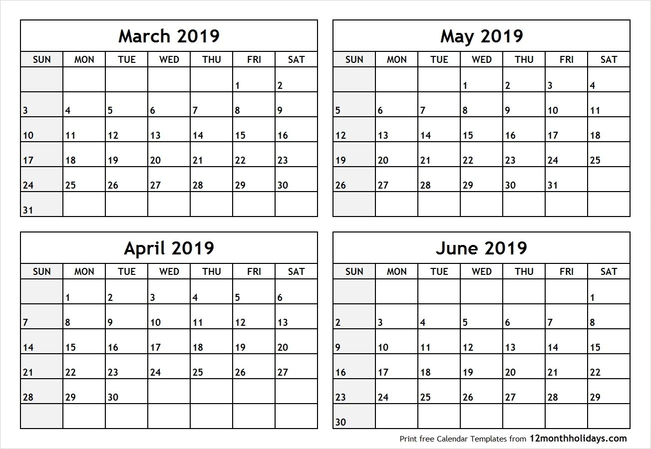 March To June 2019 Print Calendar