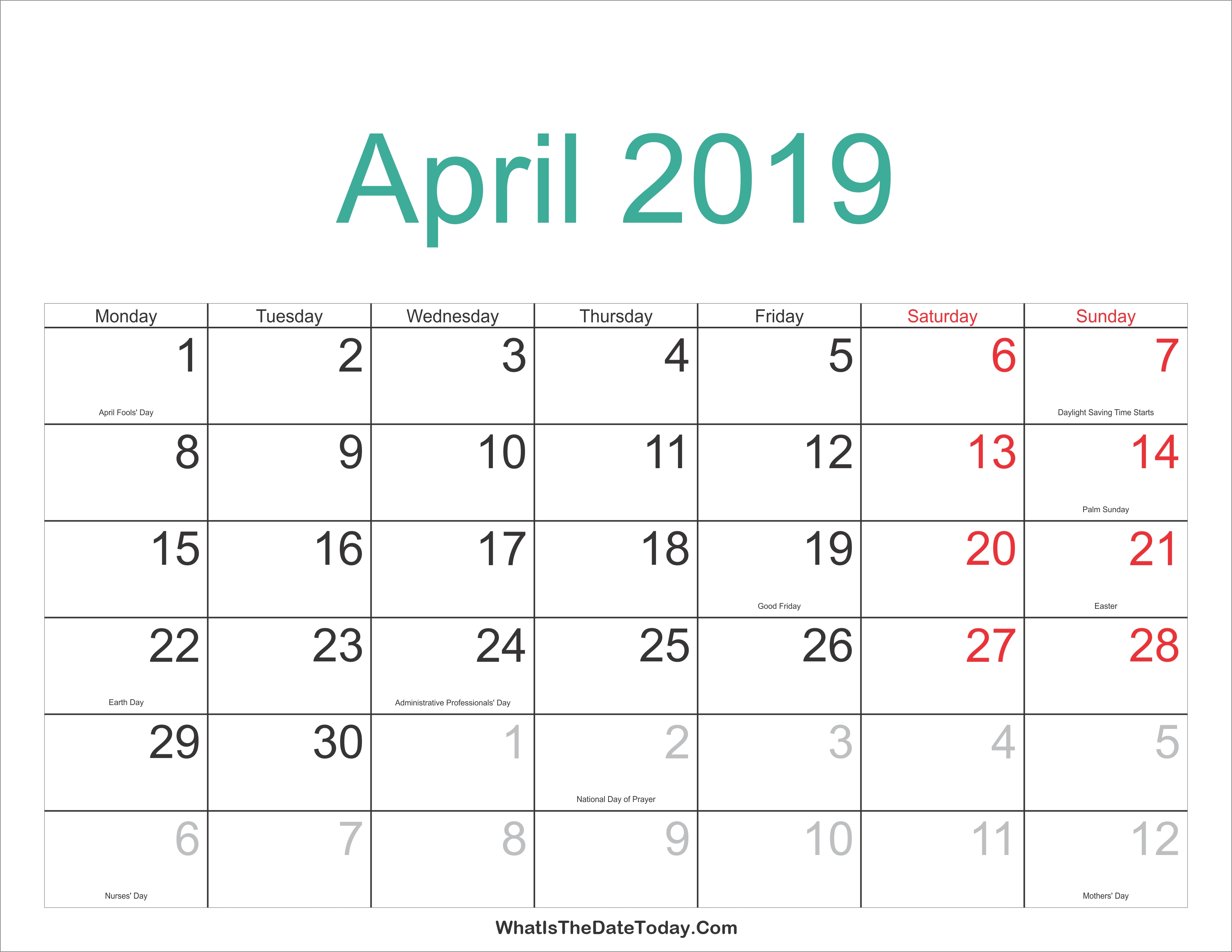 April 2019 Calendar With Holidays Printabe   Calendar Pdf Png