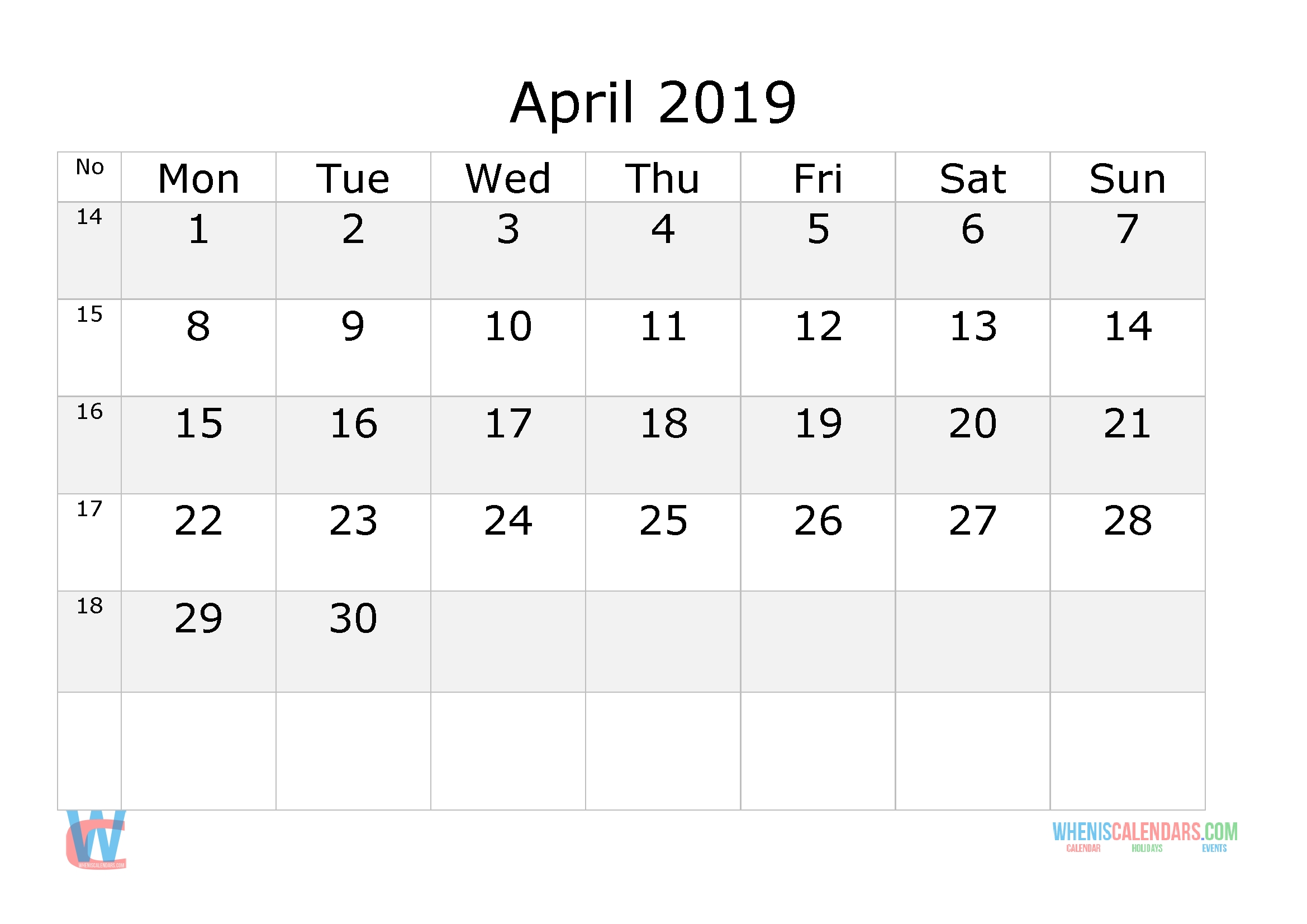 April 2019 Calendar With Week Numbers Printable Start Monday