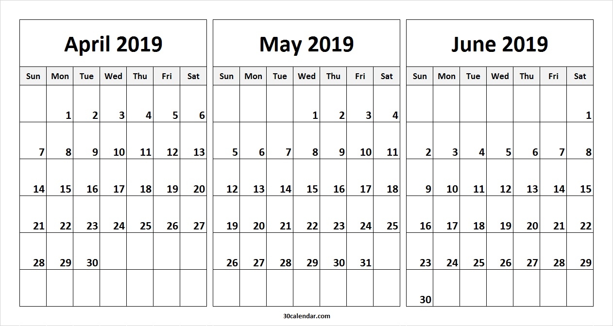2019 April May June Calendar