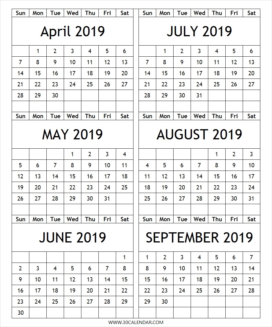 April To September 2019 Calendar Printable 6 Month 2019 Calendar
