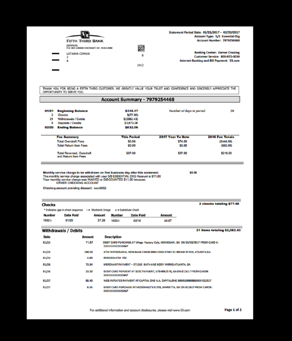 Bank Statement Fifth Third Template Proof Of Income Earnings
