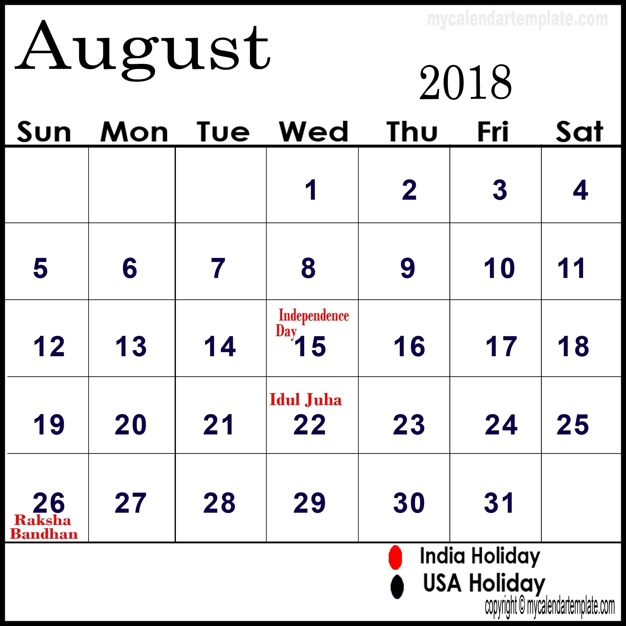 August 2018 Calendar Holidays 2