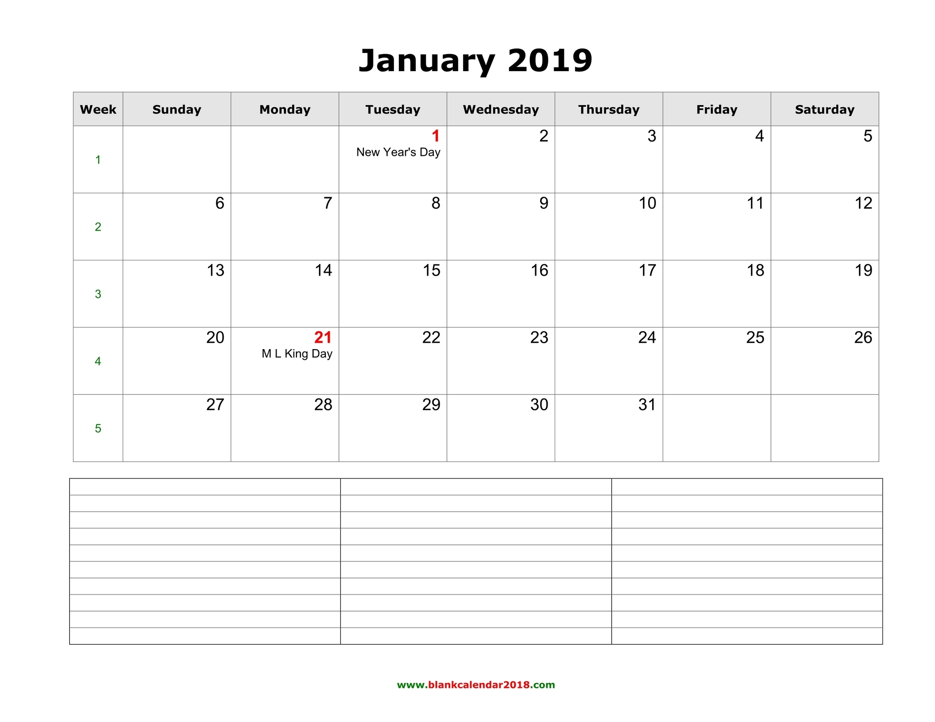 2019 Calendar Template With Notes