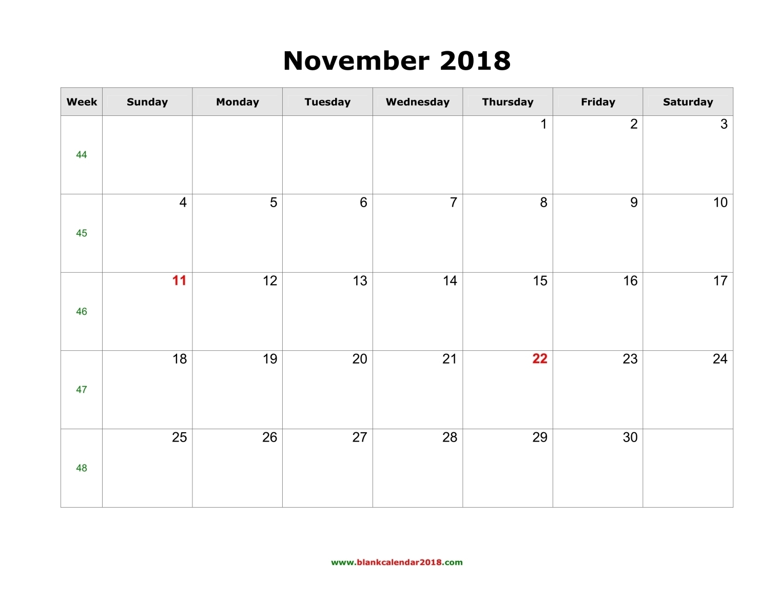 November 2018 Calendar Landscape