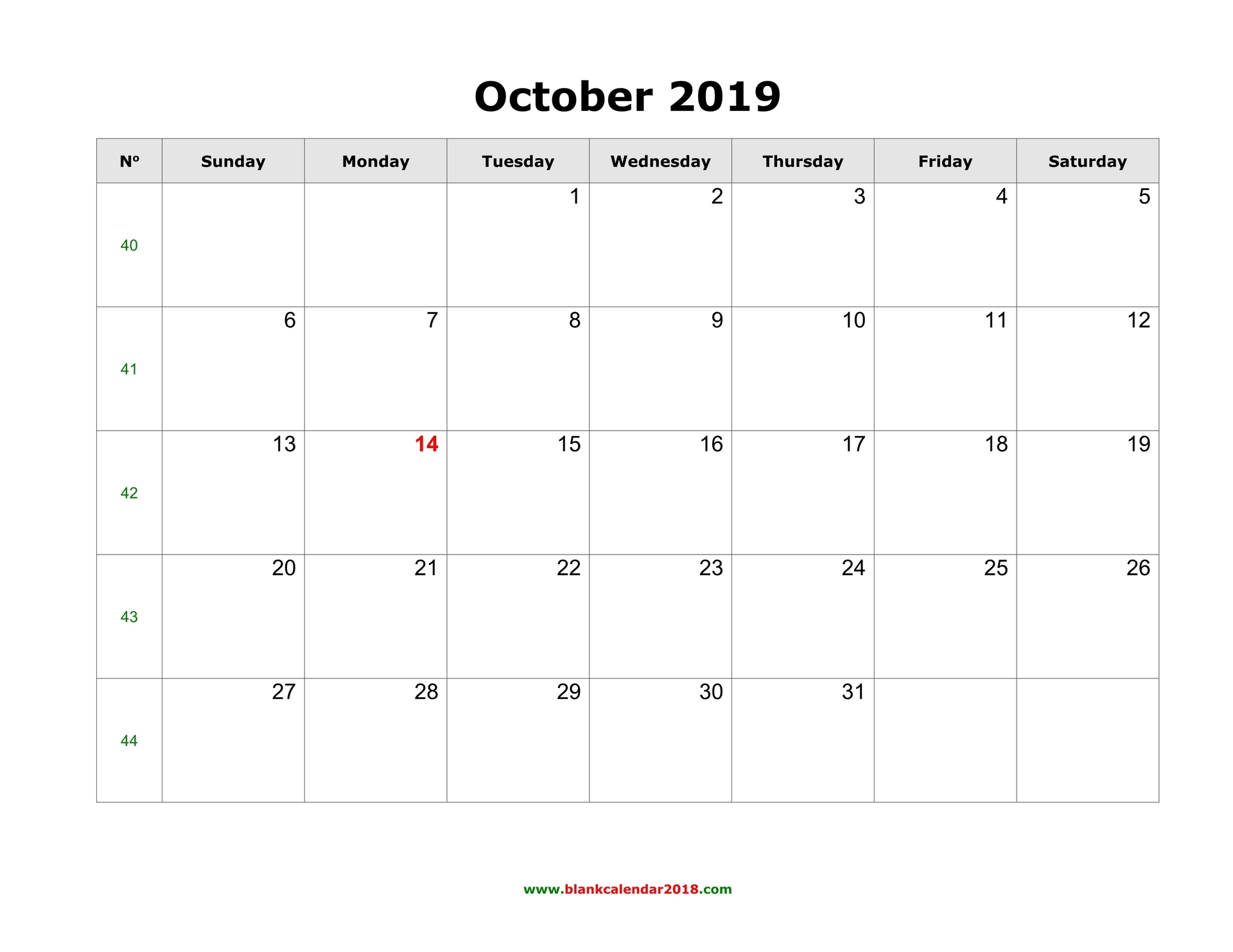 Blank Calendar For October 2019