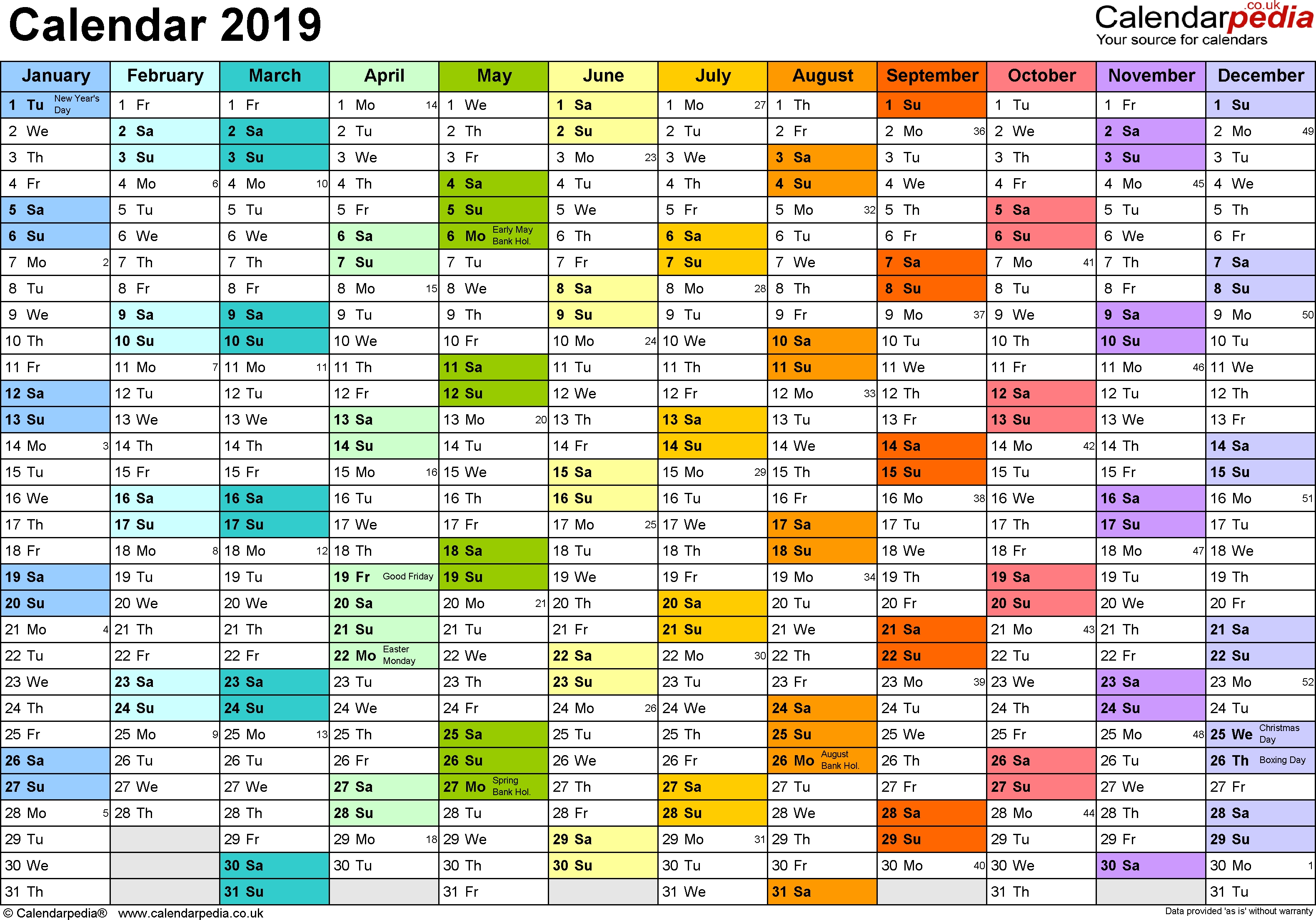 Printable Yearly Calendar 2019 Template Landscape Layout