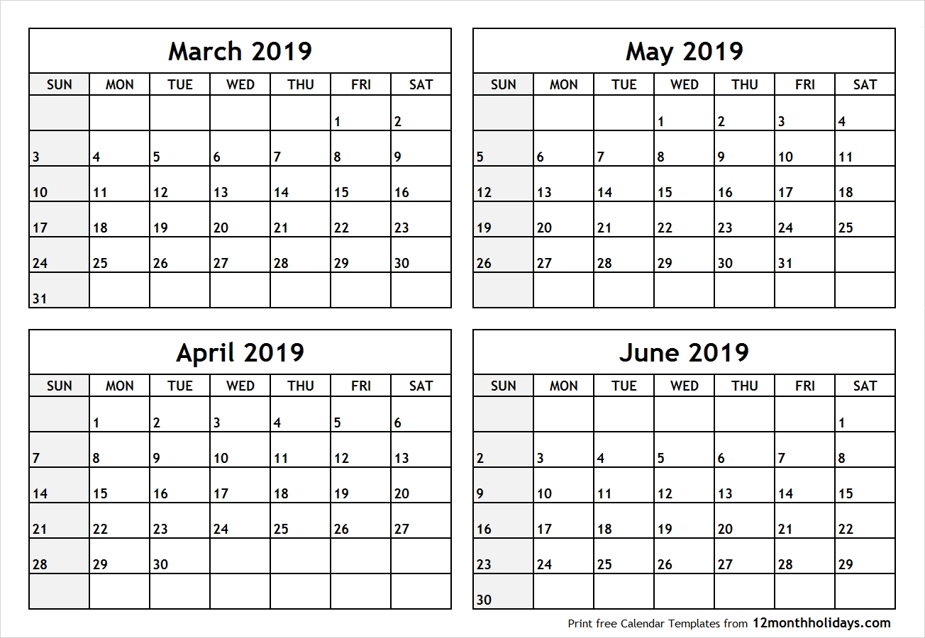 Printable March To June 2019 Calendar