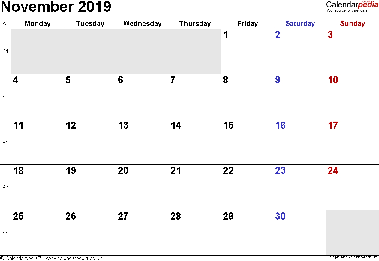 November 2019 Printable   Calendar With Week Numbers Monday 2
