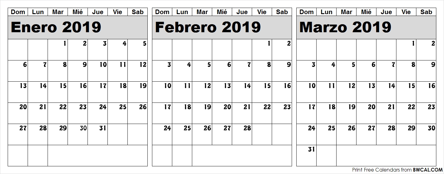 Calendario Enero Febrero Marzo 2019