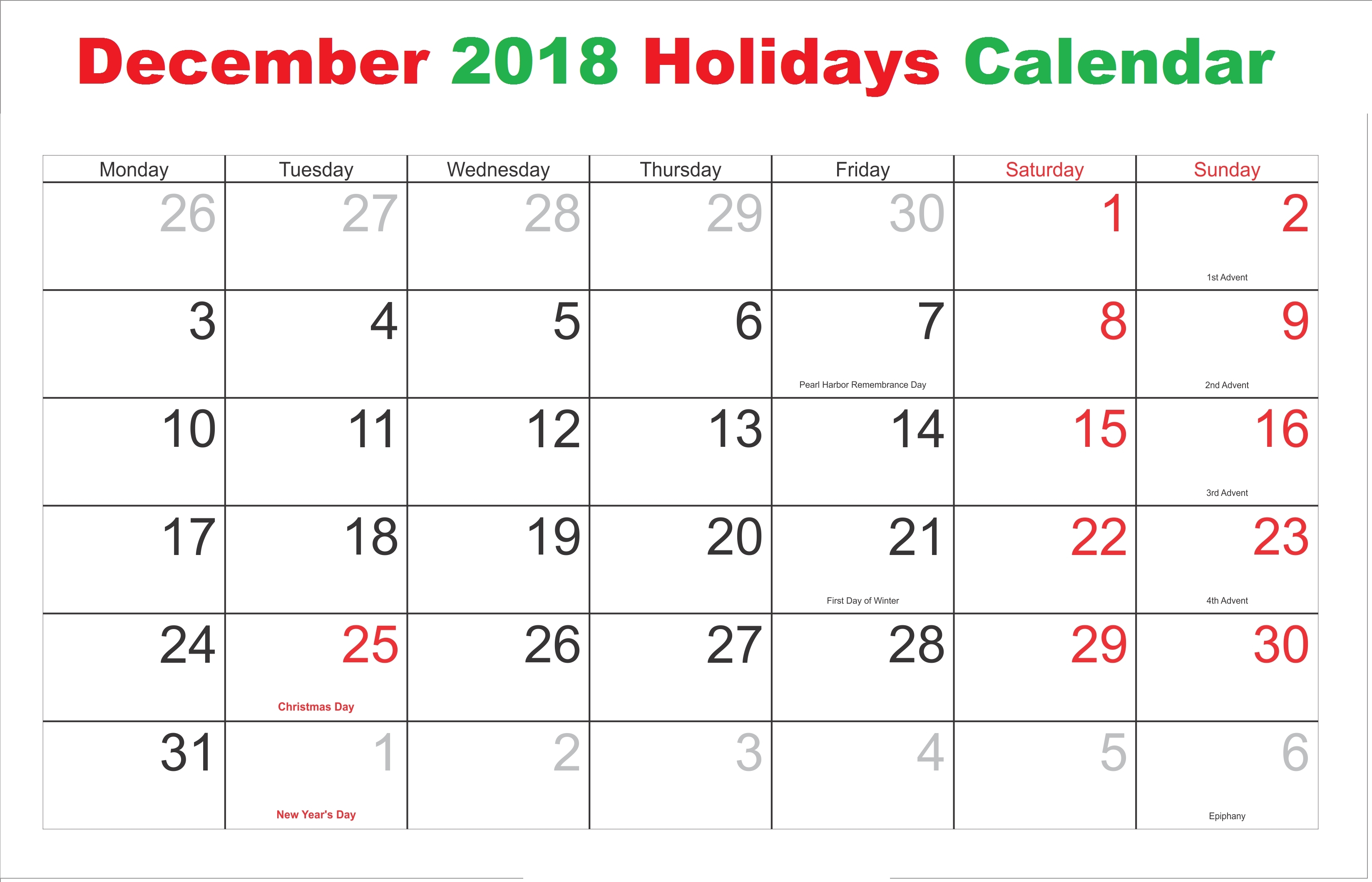 December 2018 Calendar With Holidays South Africa Calendar Format