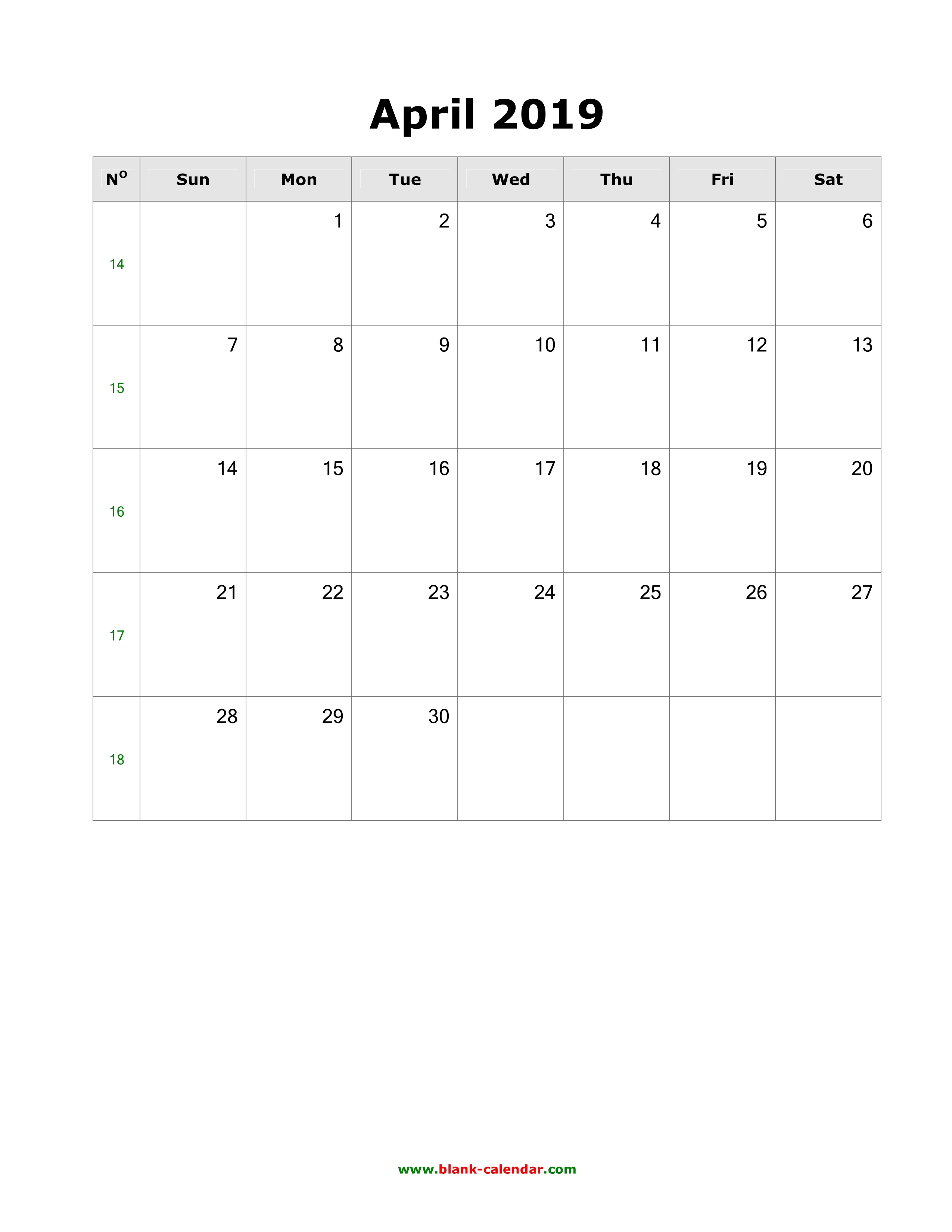 Download April 2019 Blank Calendar Vertical
