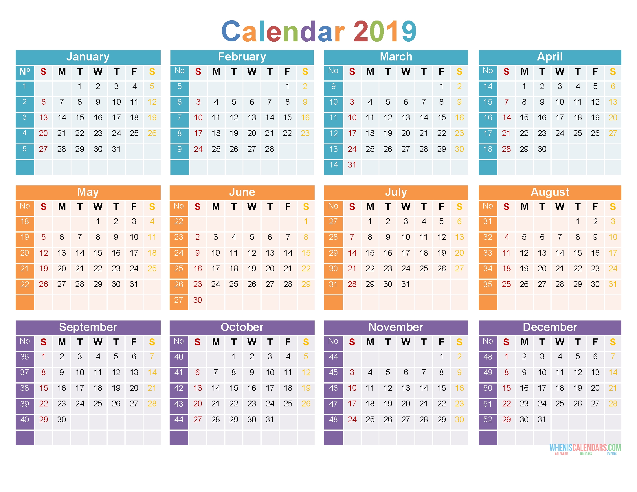 Download Printable 2019 Yearly Calendar Tempalte Us Edition Free