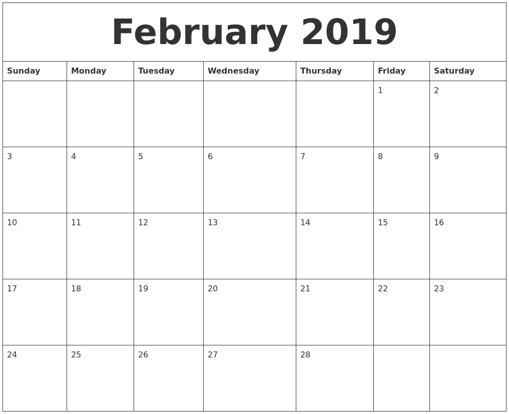 Monthly February July 2019 Calendar