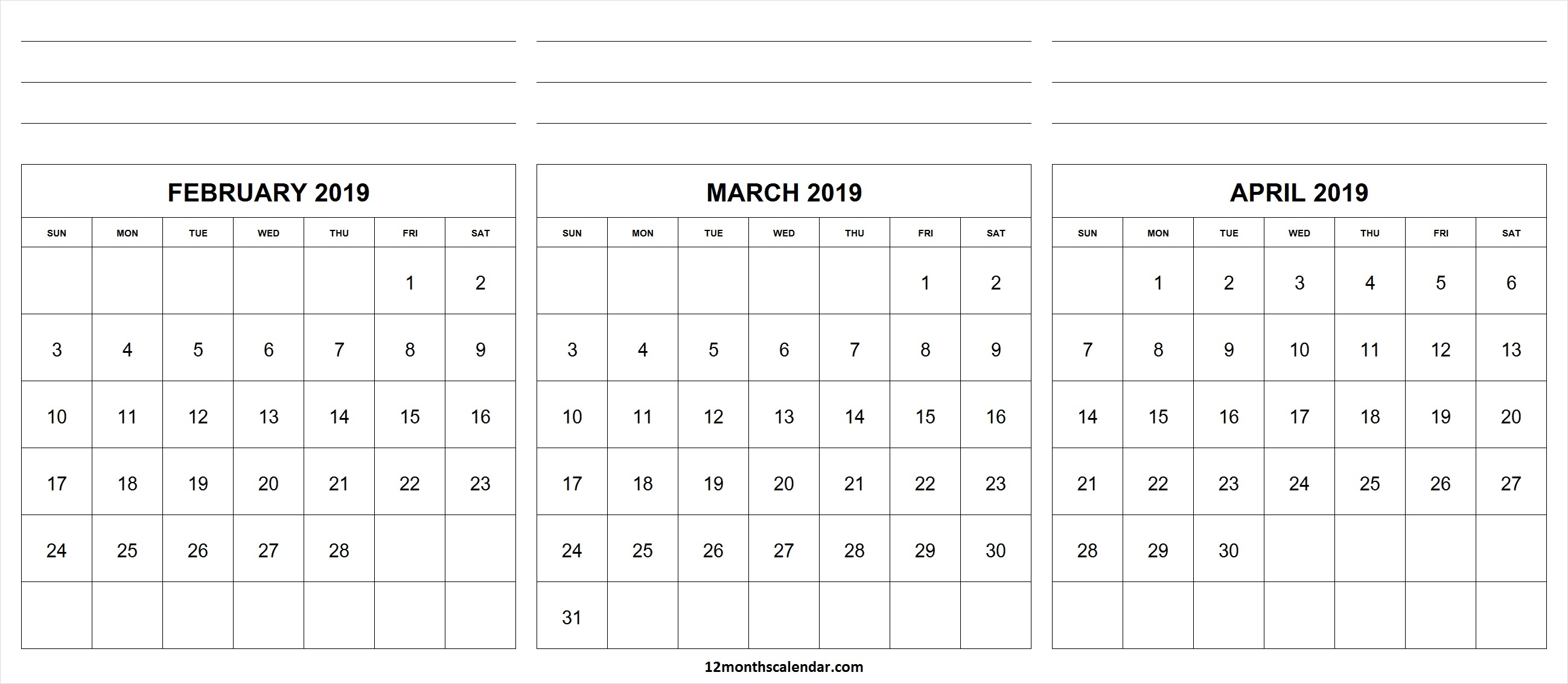 February March April 2019 Calendar With Notes 12 Month Calendar