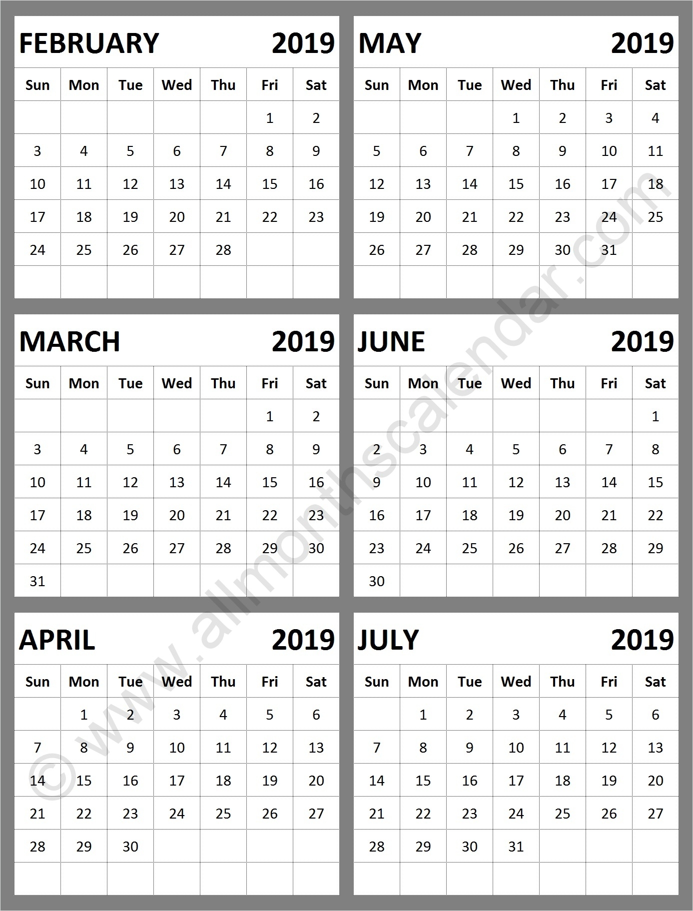 February March April May June July 2019 Calendar Template Calendar