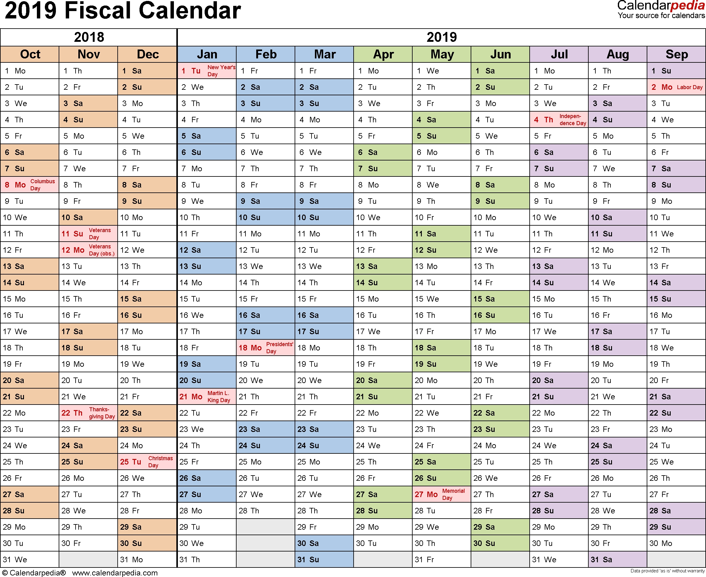 Fiscal Year 2019 Calendar With Us Holidays