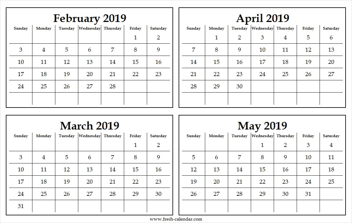 Four Monthly February To May 2019 Calendar Template Free