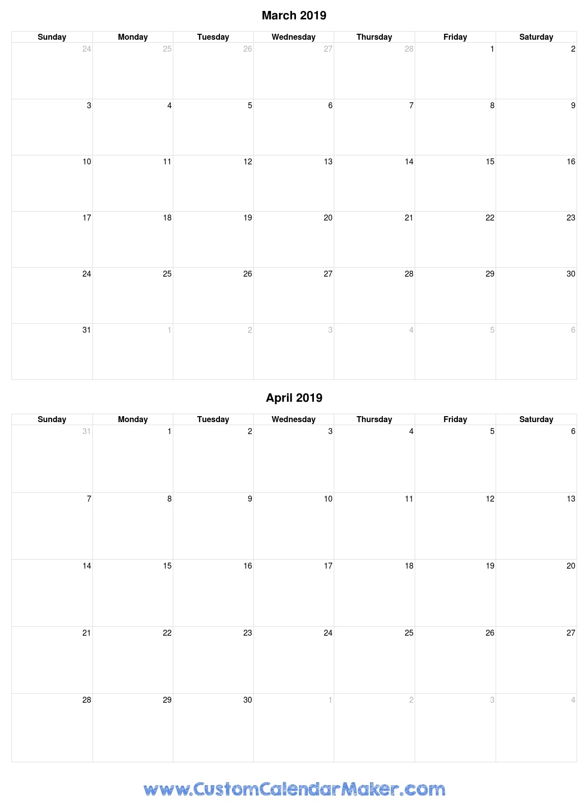 March April 2019 Printable Calendar