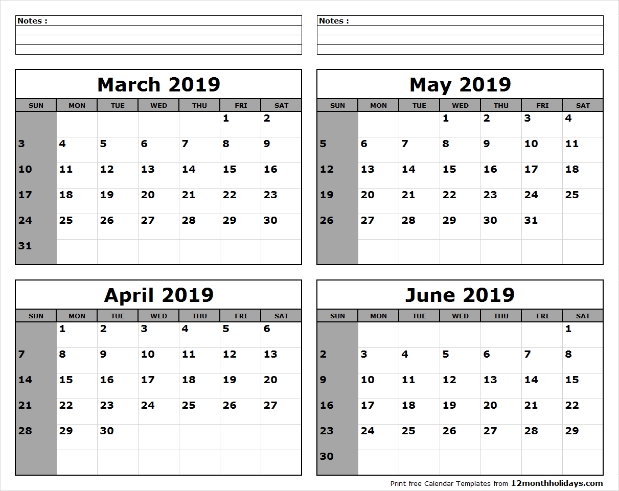 March April May June 2019 Calendar To Print April May June
