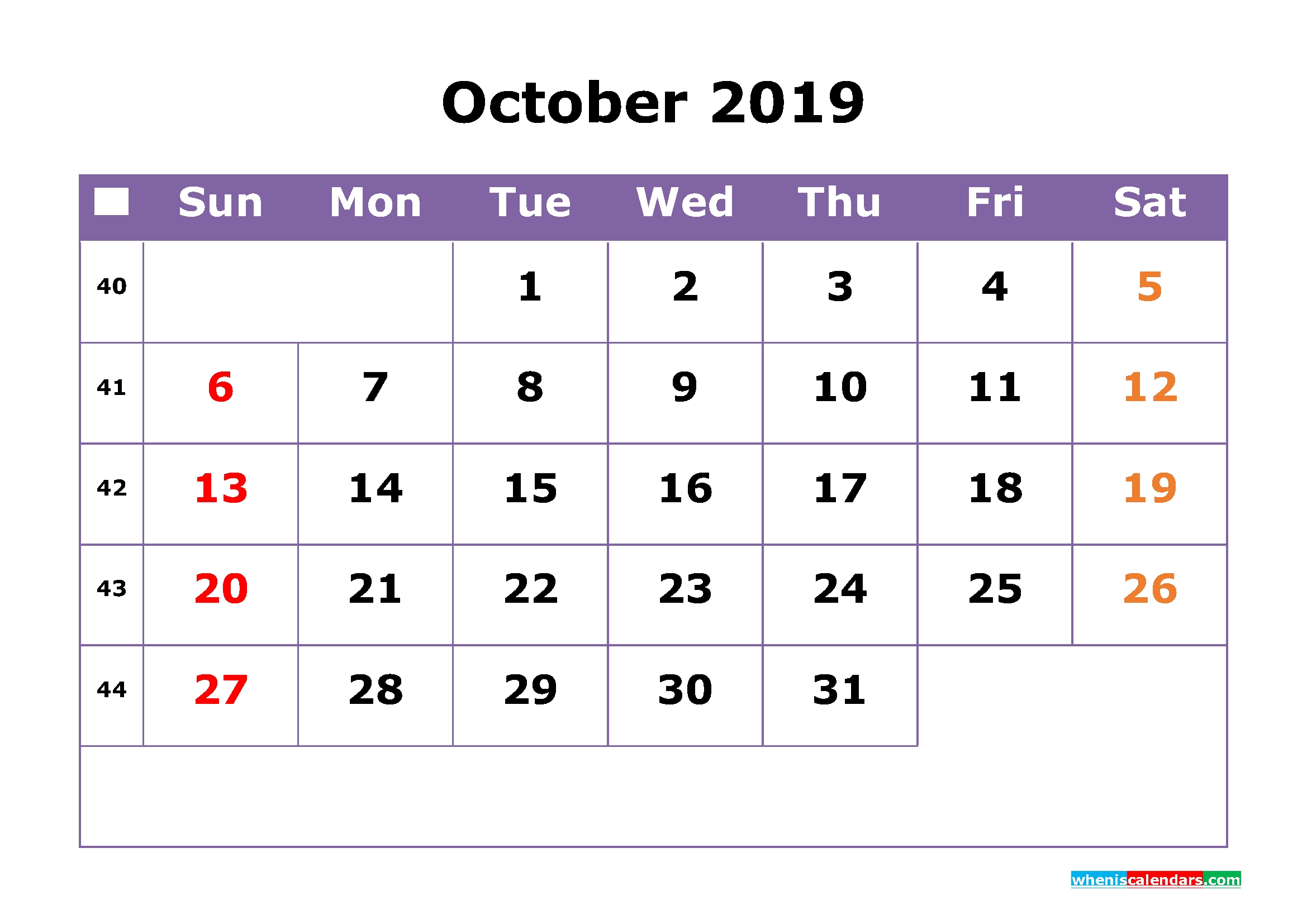 October 2019 Calendar With Week Numbers Printable Monday