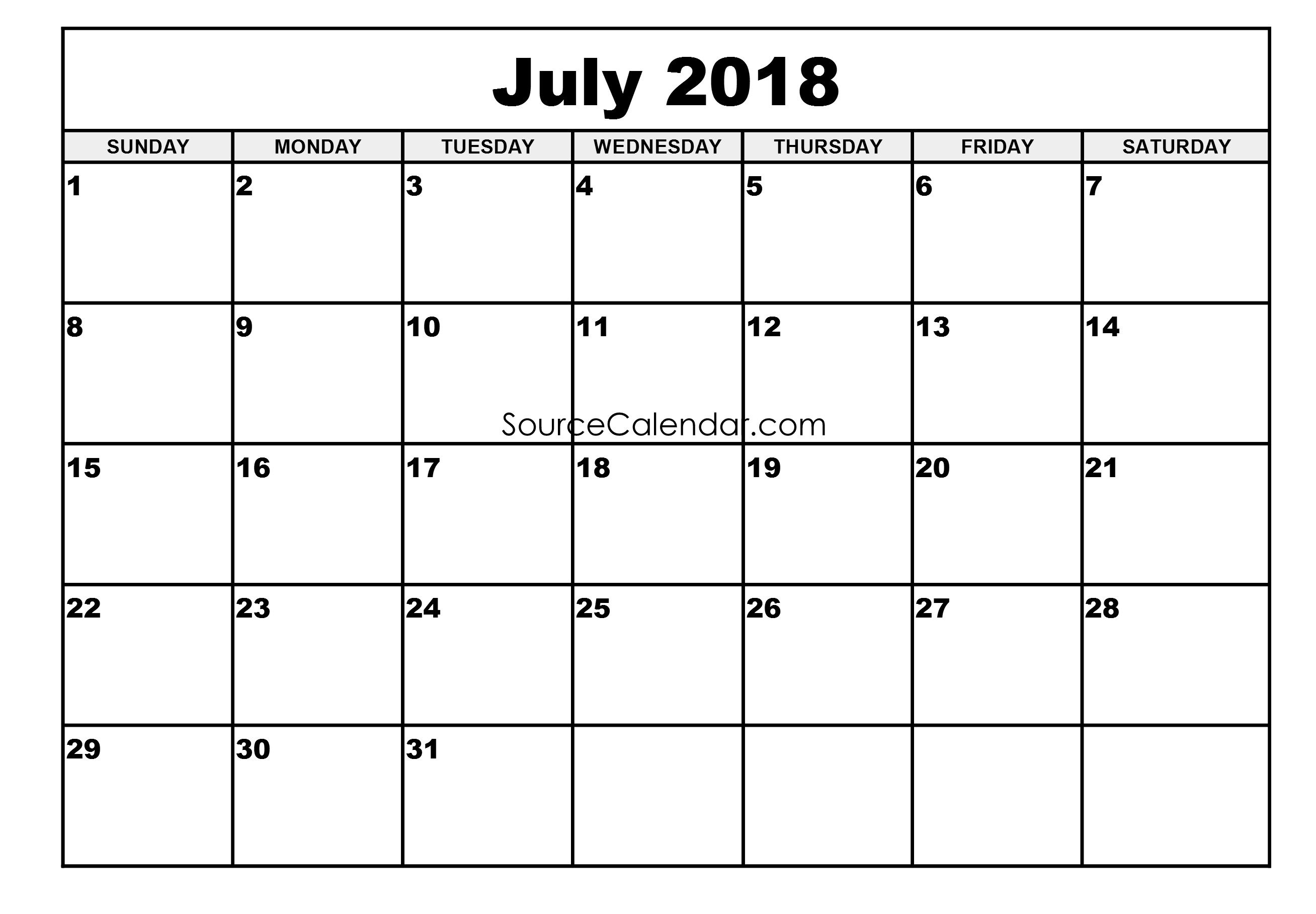 July 2018 Calendar Template Free