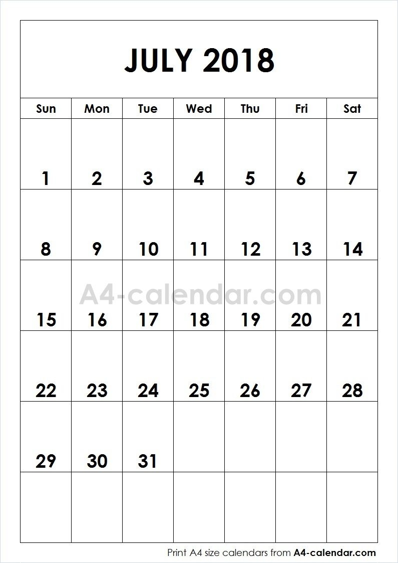 Print Free Blank July 2018 A4 Calendar From Wwwa4 Calendar
