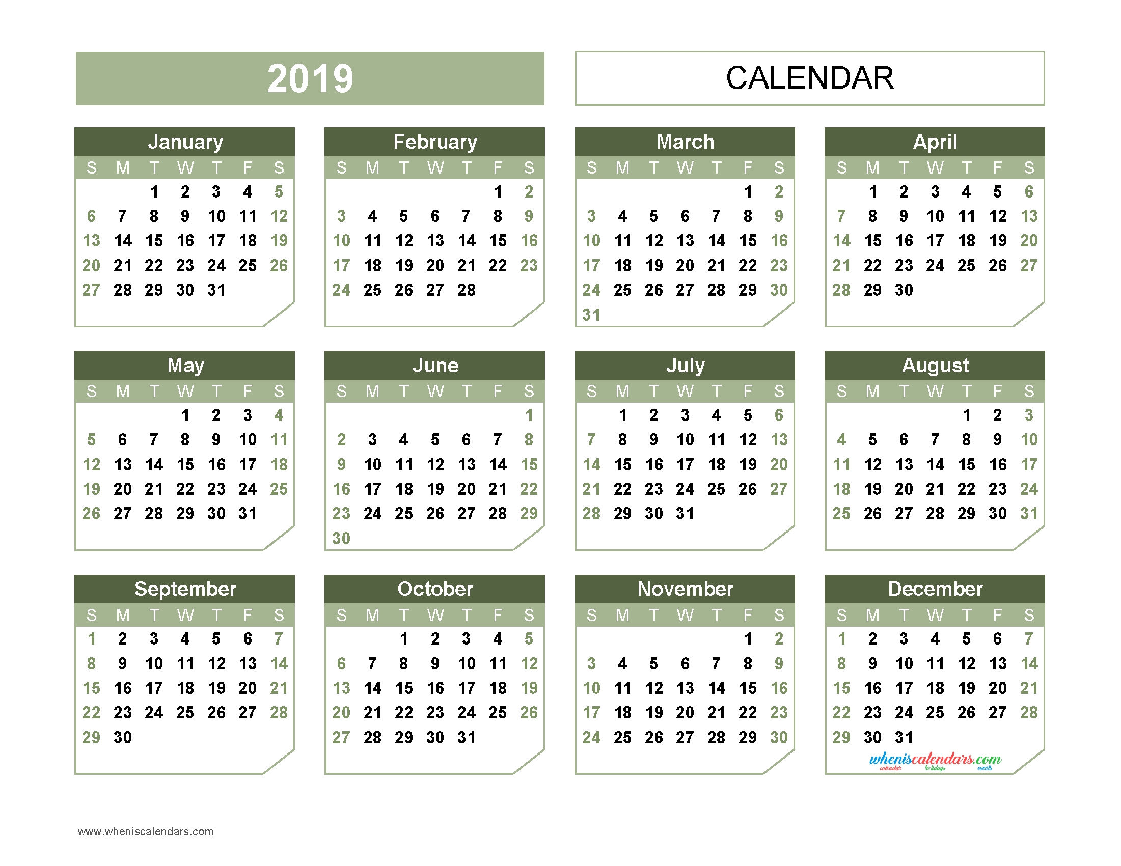 Printable 2019 Yearly Calendar Template Paper Style Us Edition