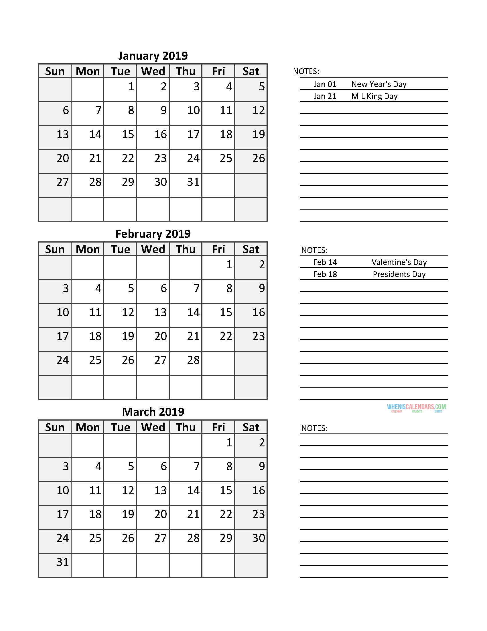 Quarterly Calendar 2019 With Holidays January February March 2019