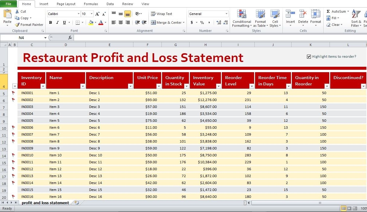 Restaurant Profit And Loss Statement Template Excel Excel