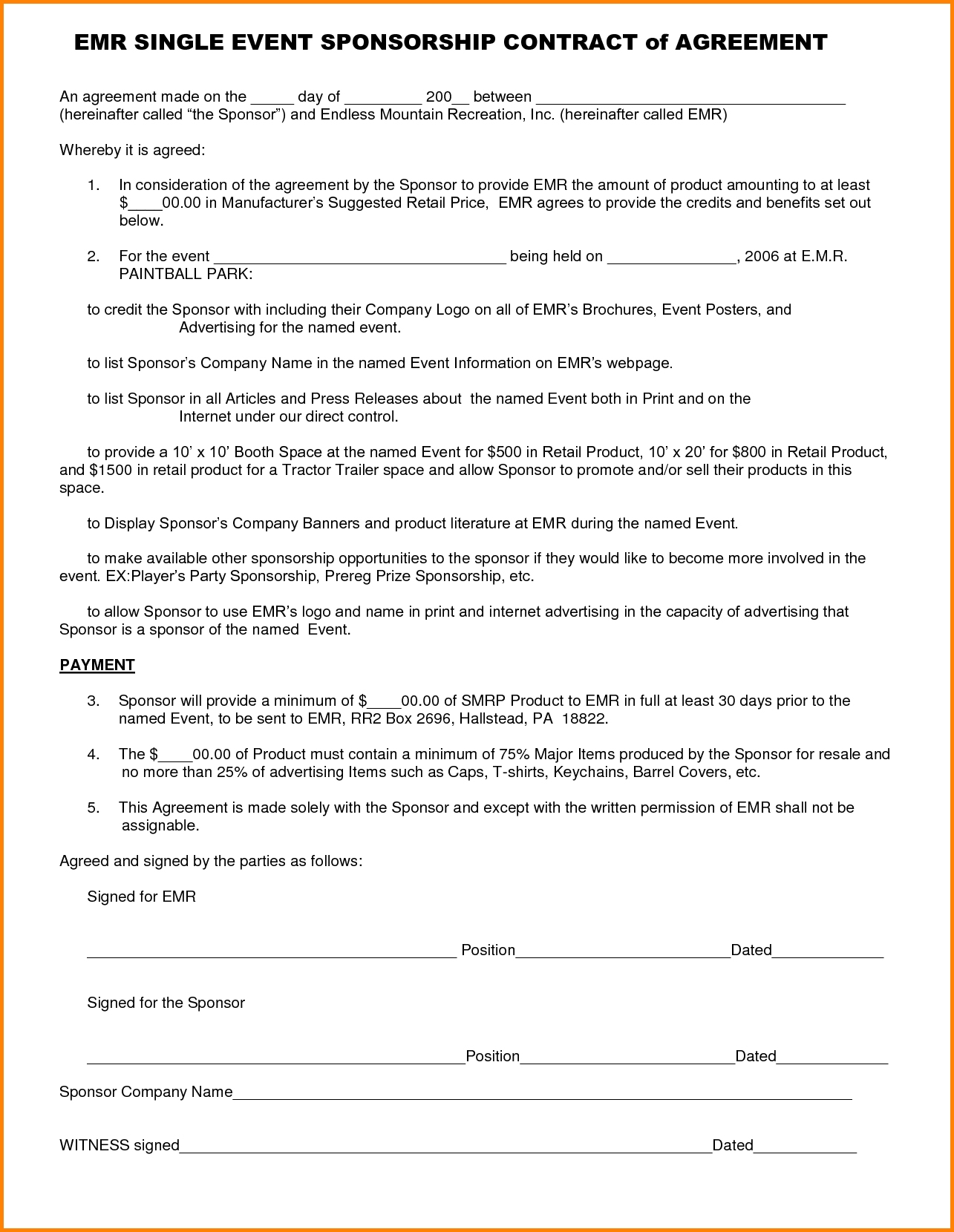 Sponsorship Agreement Example 54049 Athlete Sponsorship Contract
