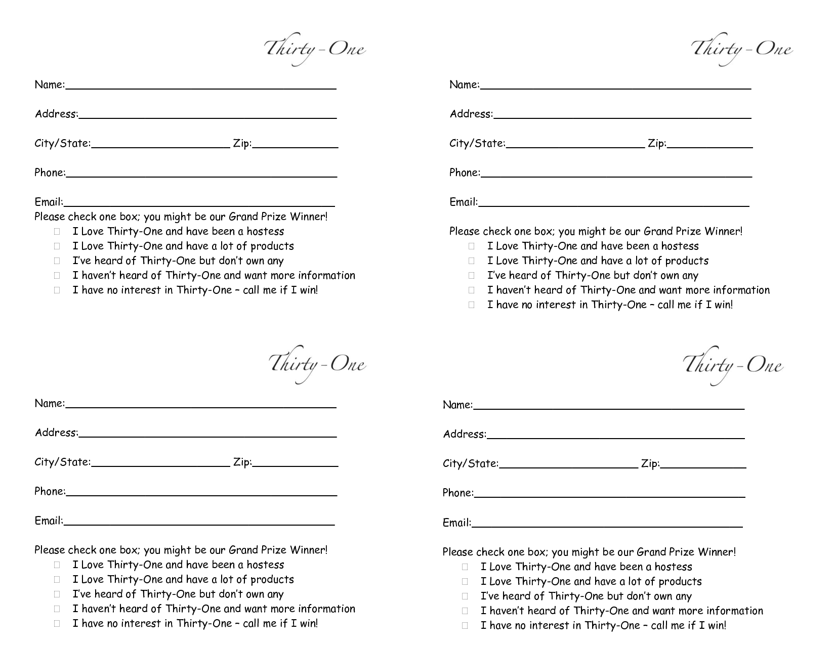 Thirty One Door Prize Form Drawing Slips 4 Per Page My Thirty