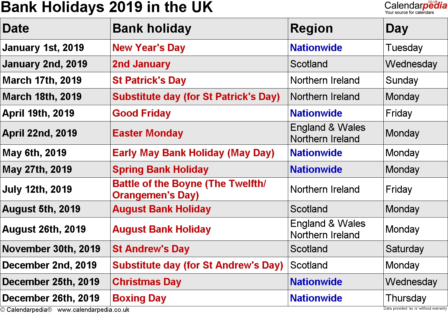 Uk Holiday Calendar 2019 Public Major Holidays Qualads