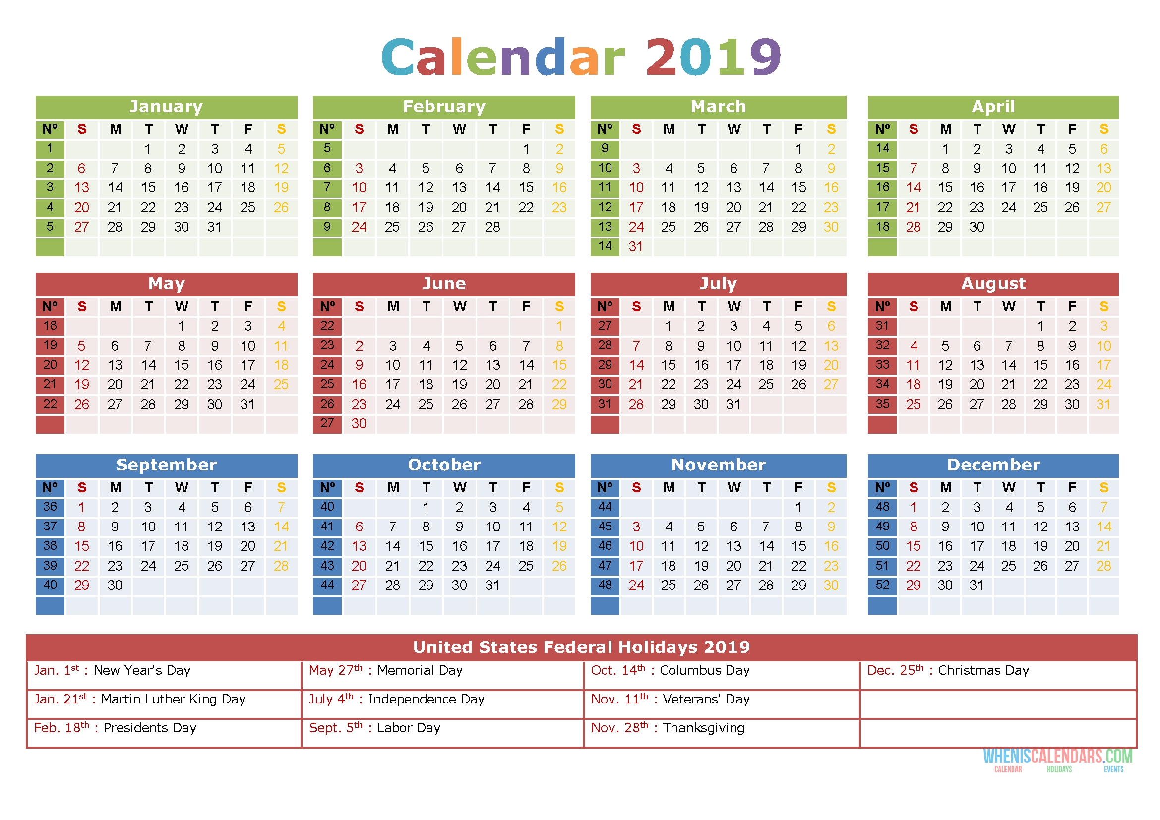 2019 Yearly Calendar With Holidays Printable Us Edition Rbs2e321 Qualads