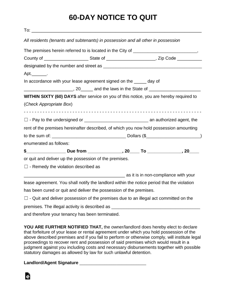 Landlord 60 Day Notice Template