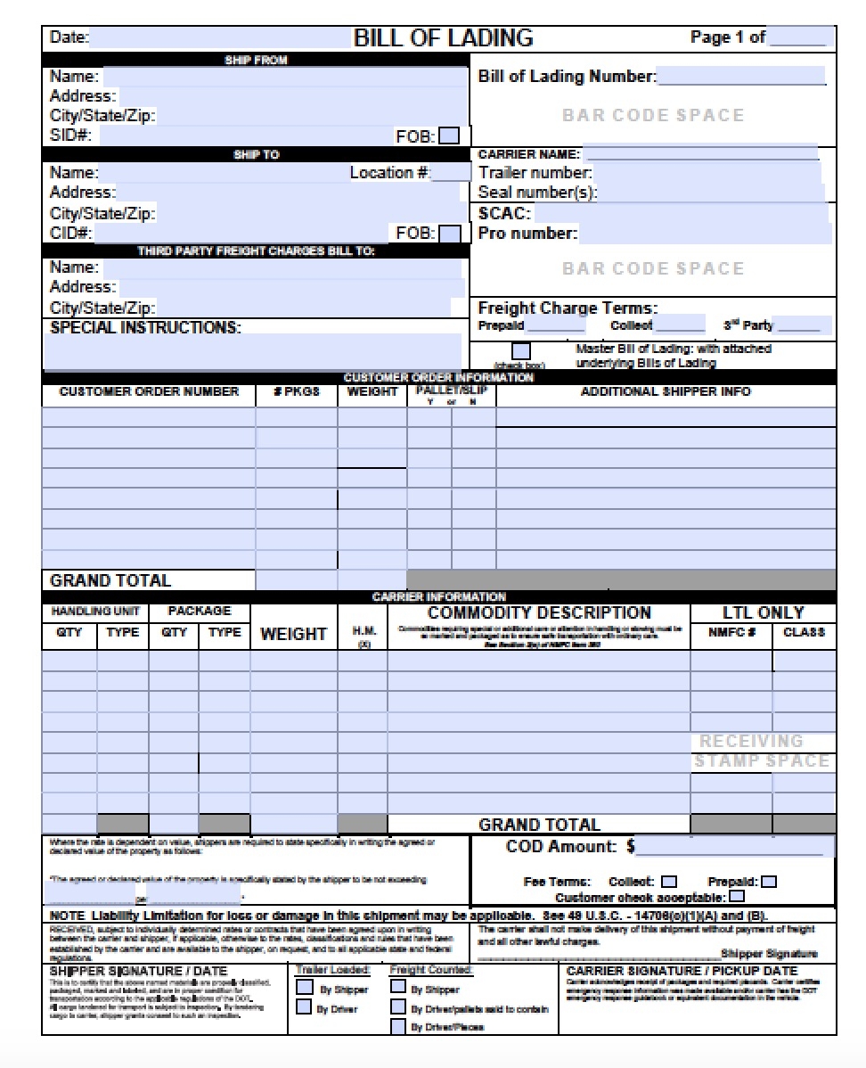 Download Blank Bill Of Lading Forms Pdf Word Excel Wikidownload