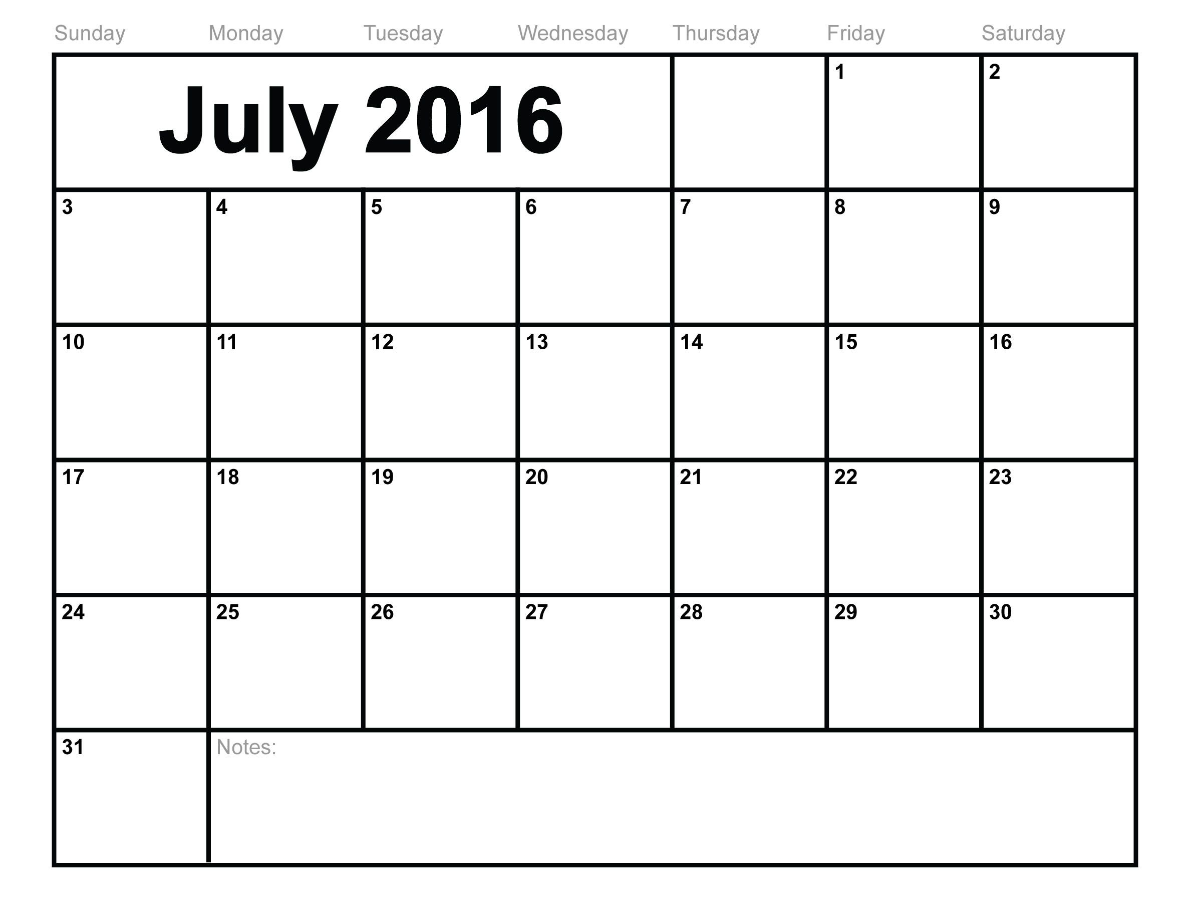 July Blank Calendar Template 2016