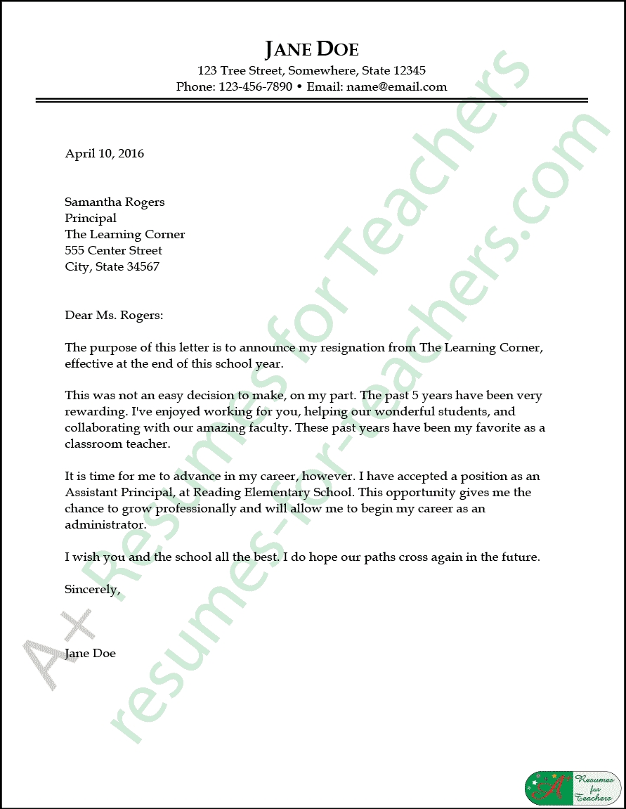 Resignation Letter Sample For Teachers Canasbergdorfbibco