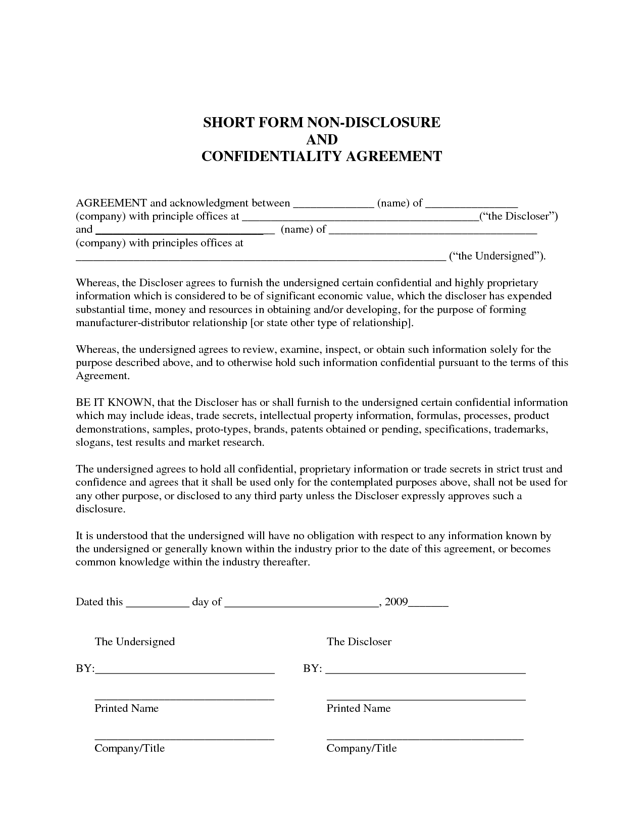 Sample Non Disclosure Agreement Confidentiality Agreement Sample