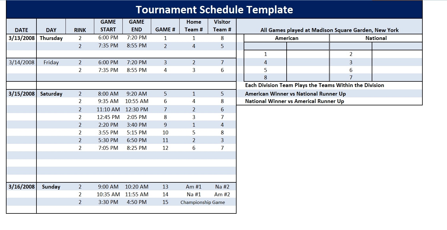 Tournament Schedule Template Word Excel