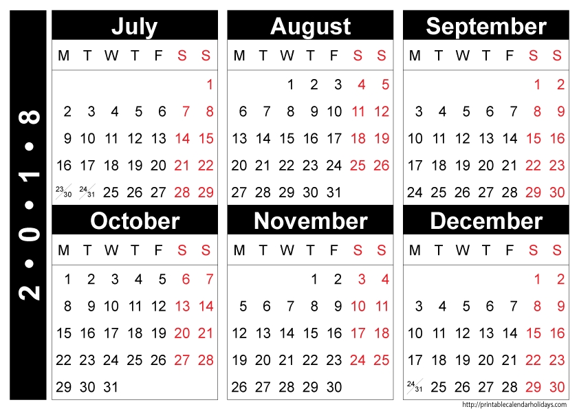 Free 2018 July To December Calendar 2018 Calendars June 2019