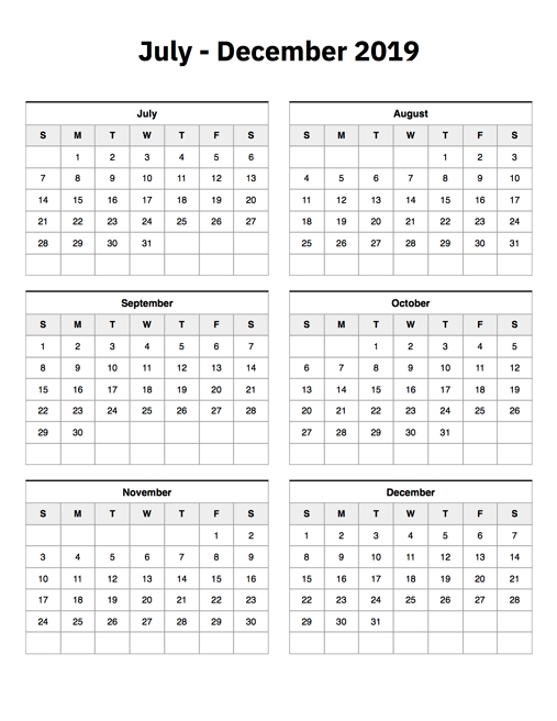 July To December 2019 Calendar Printable Calendar 2019