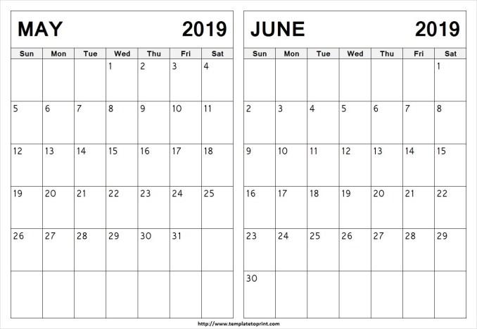 May And June 2019 Calendar 2 Months Printable Templates