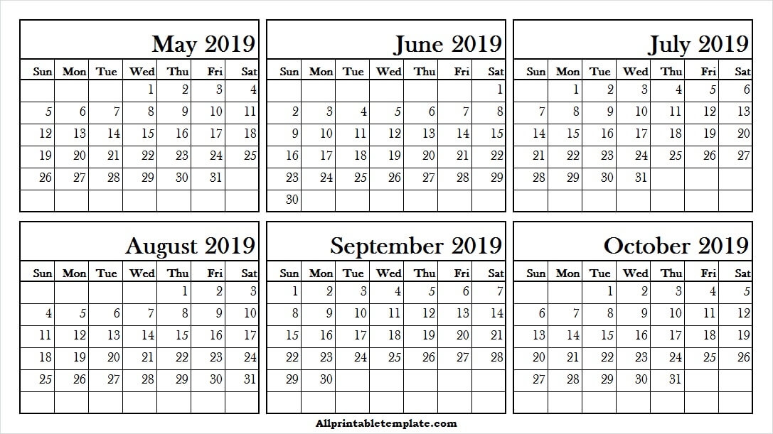 May To October 2019 Calendar Printable