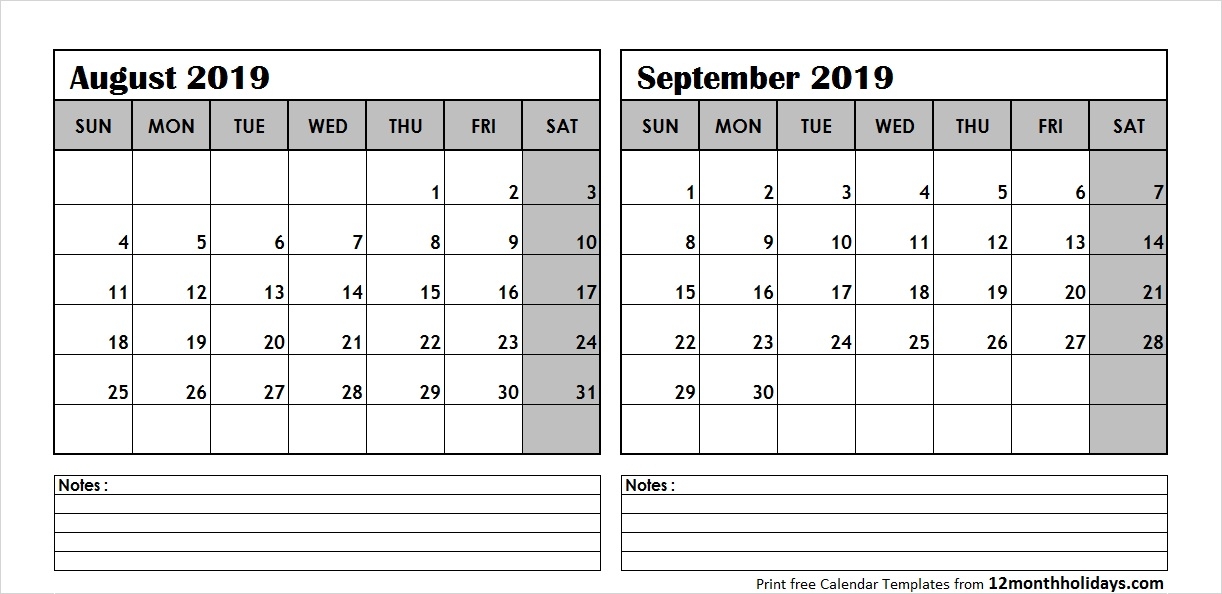 Printable Blank Two Month Calendar August September 2019 Template
