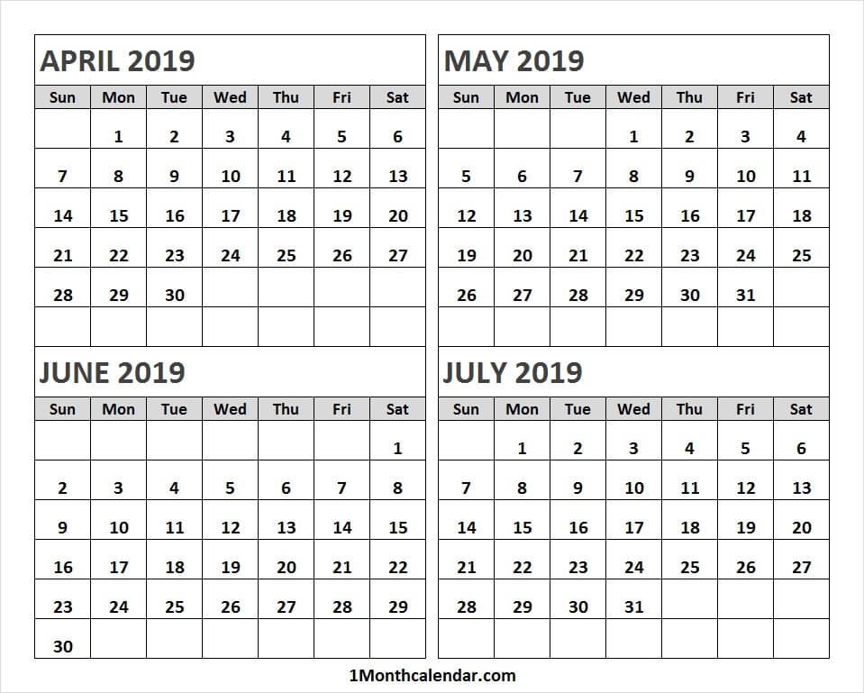 April July 2019 Calendar Template Free Printable Calendar Apr Jul 2019