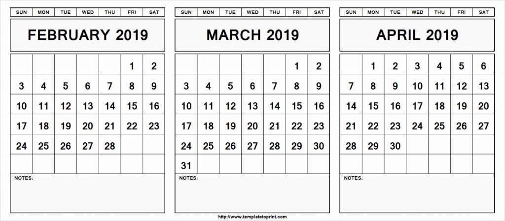 Printable Calendar February To April 2019