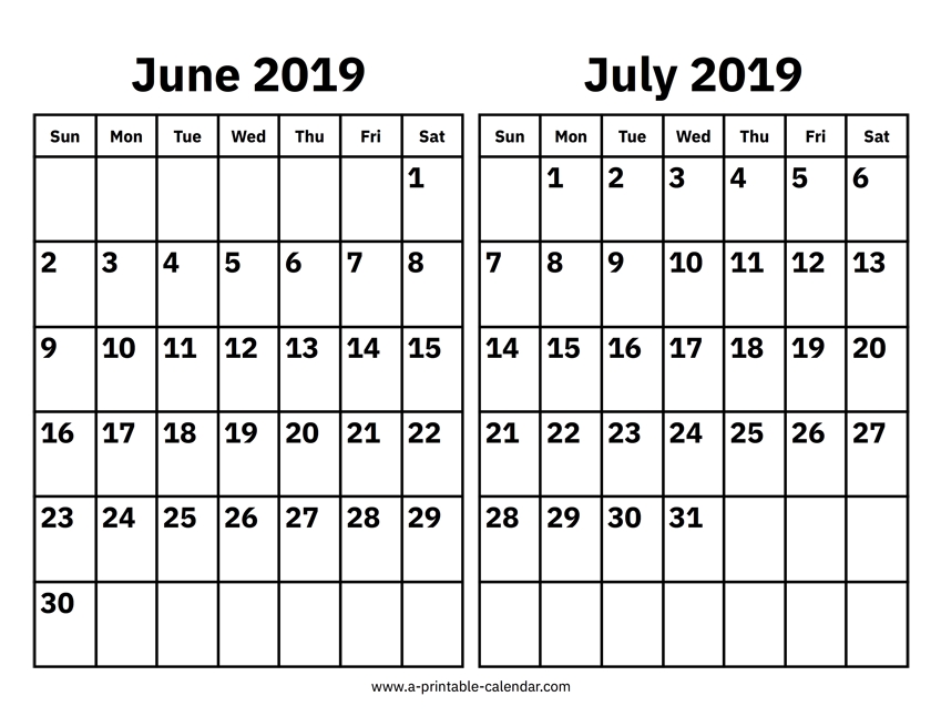 Printable Calendar June July 2019