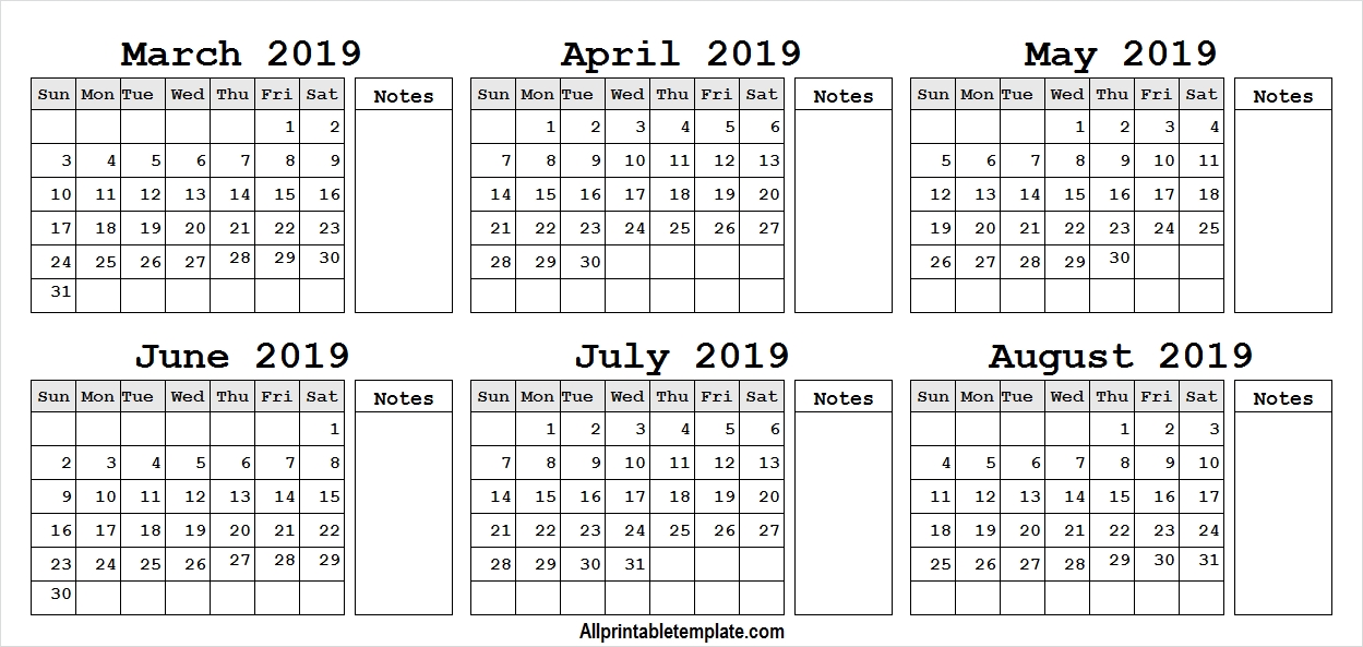 March April May June July August 2019 Calendar Template With Notes
