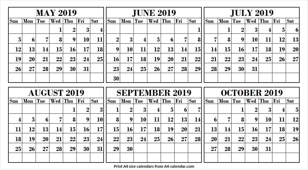 May Jun Jul Aug Sep Oct 2019 Calendar A4 Calendar
